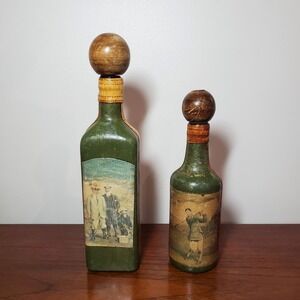Vintage 1960s Fausto Corduri Italian Leather Wrapped Decanters Set of 2 Golf